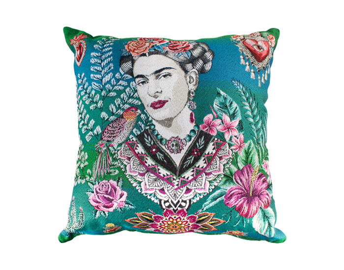 COJÍN BORDADO FRIDA KAHLO COLORES AZUL (50×50CM)