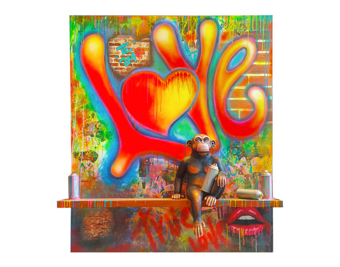 CUADRO 3D GRAFFITI CHIMPANCÉ SENTADO GRANDE LOVE (170×140×50cm)