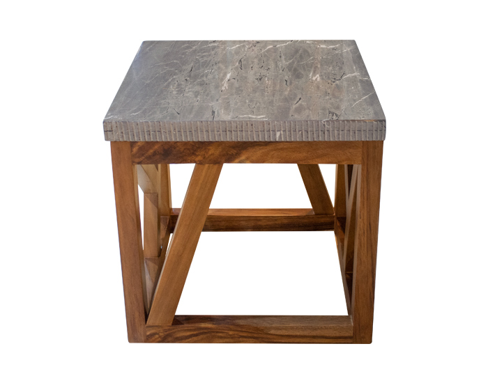 MESA LATERAL MADERA DE PAROTA CON CUBIERTA DE MÁRMOL ESTILO ESCANDINAVO (50×55×55cm)