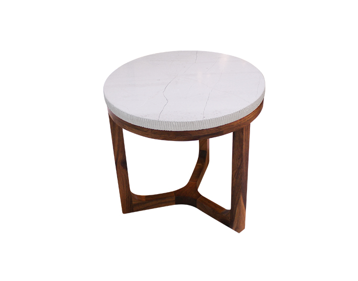 MESA LATERAL MADERA DE PAROTA FINA CON CUBIERTA DE GRANITO BLANCO MAYA (60×60cm)