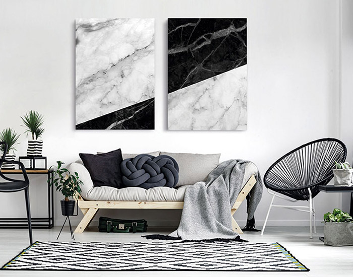CUADRO LIENZO MÁRMOL MITAD BLANCO Y NEGRO (120×86cm)