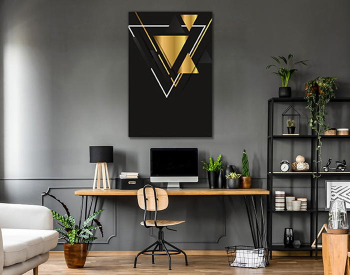 CUADRO TRIANGULOS NEGRO Y DORADO (120×85cm)