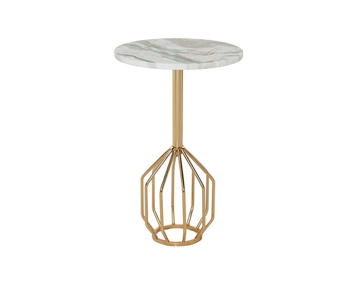 PEDESTAL PARA ESCULTURA HEXAGONAL CUBIERTA DE MÁRMOL Y BASE METAL DORADO (48.3×30.5cm)