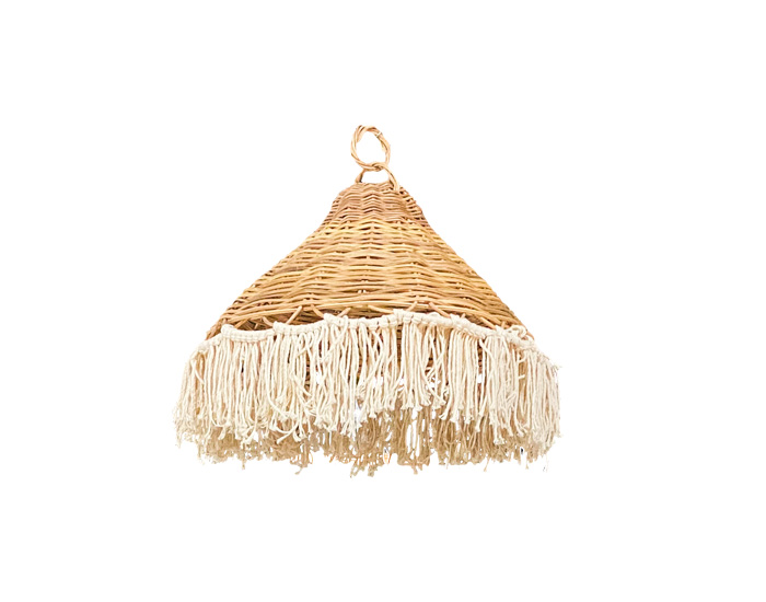 LÁMPARA CHINA ARTESANAL COLGANTE TEJIDO CON MIMBRE NATURAL Y BORDE DE MACRAMÉ (30×40cm) - MOD. MCH.LAM.0194