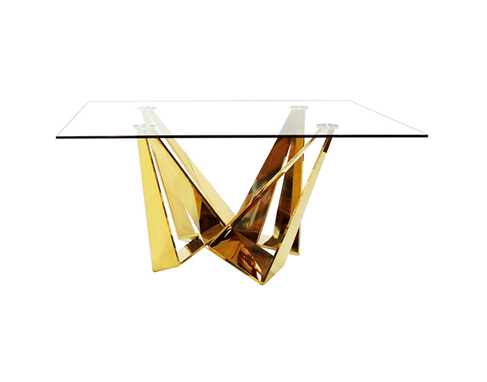 MESA DE COMEDOR ALWAYS CON CUBIERTA DE CRISTAL Y BASE DE ACERO INOXIDABLE DORADO PARA 6 PERSONAS (150×150cm)