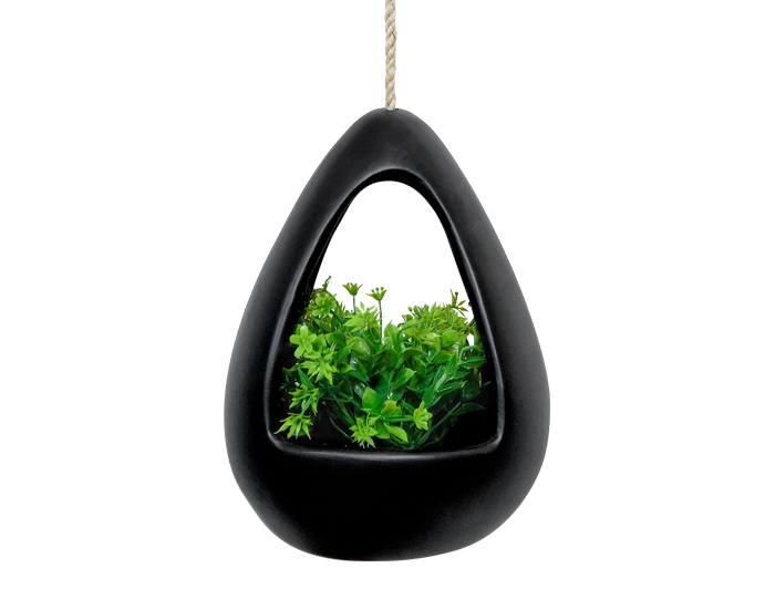 MACETA COLGANTE CAMPANA EN COLOR NEGRO CON PLANTAS (30×20×20cm) - MOD. MCH.MAC.0041