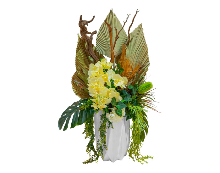 FLORERO TAMBOR BLANCO CON ARREGLO FLORAL (133×65cm)