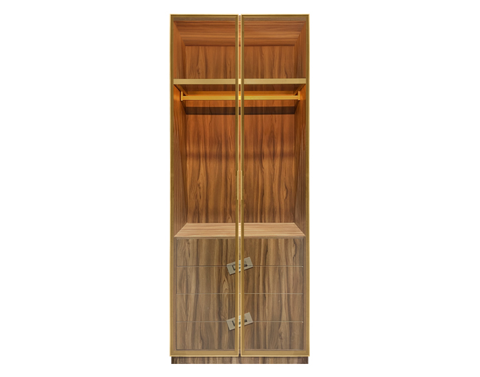 ARMARIO DE CRISTAL/MADERA LATÓN MATE CON LUZ LED (240×90×55cm) (1 COLGADOR, 4 CAJONES)- MOD. VACM2-240-90LB