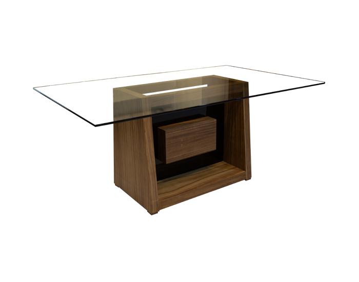 MESA DE COMEDOR CAPRI CUBIERTA DE CRISTAL CON BASE CHAPADO DE PAROTA Y CRISTAL NEGRO PARA 6 PERSONAS (180×110cm)