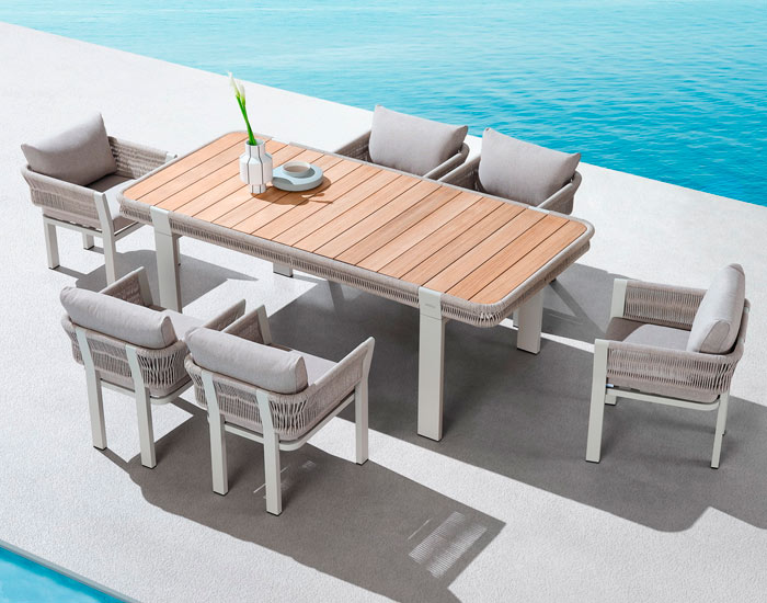 SET MESA BORROMEO BEIGE MADERA TECA C/6 SILLAS