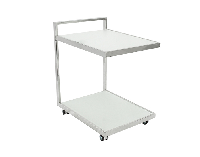 MESA CARRO LATERAL BETZY-CRISTAL TEMPLADO BLANCO CON RUEDAS DE ACERO INOXIDABLE (60×45×50cm)