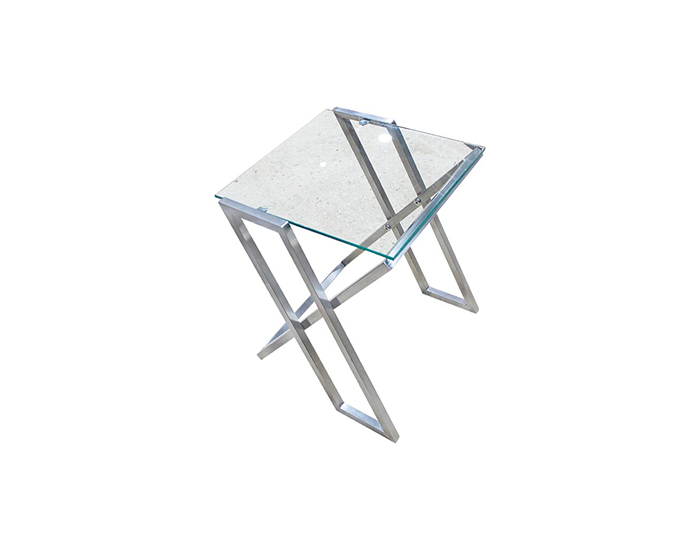 MESA LATERAL IRMA CUBIERTA CRISTAL CON BASE DE ACERO INOXIDABLE (50×45×45cm)